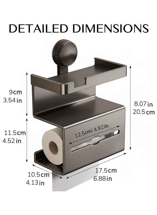 حامل ورق تواليت مزود بكوب شفط، موزع مناديل ورقية ثلاثي الطبقات يُثبت على الحائط مع رف للهاتف، موزع مناديل مبللة بدون حفر، حامل مناديل مبللة، حامل ورق تواليت مع مساحة تخزين للحمام والمطبخ - Image 2